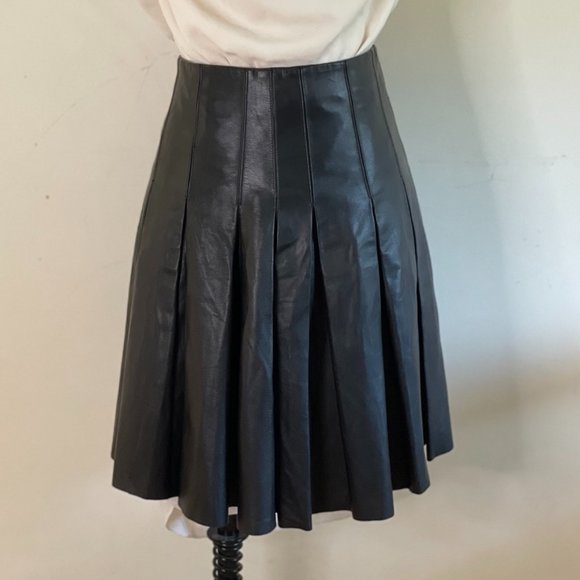 y2k Rare Vintage Susan Dell / PHI Pleated Black Leather Skirt - Picture 1 of 5